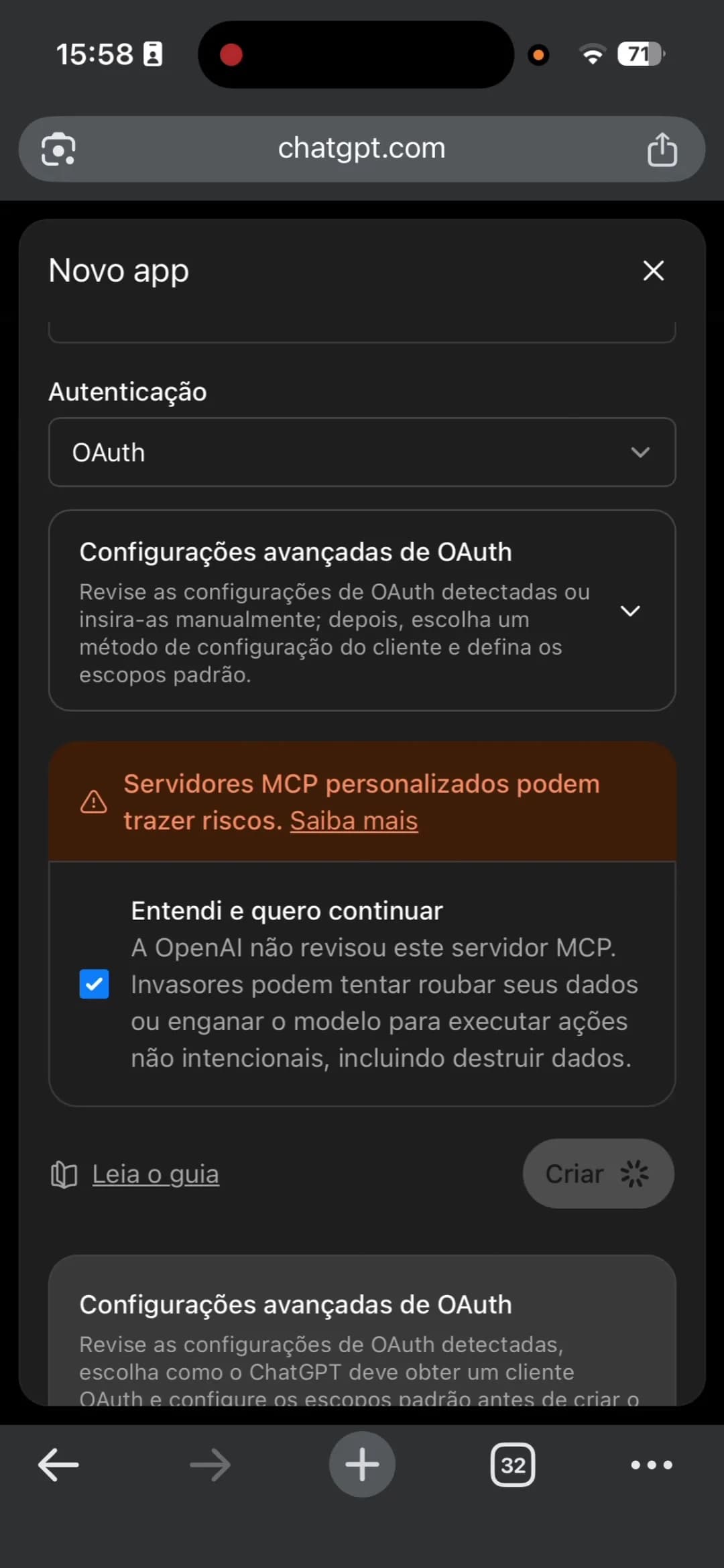 Modal de criar conector no ChatGPT com nome iZap e aviso de segurança MCP