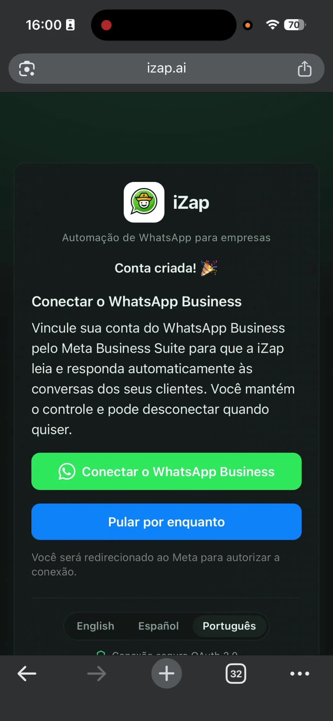 Tela de autorização OAuth do iZap com opção de conectar WhatsApp Business