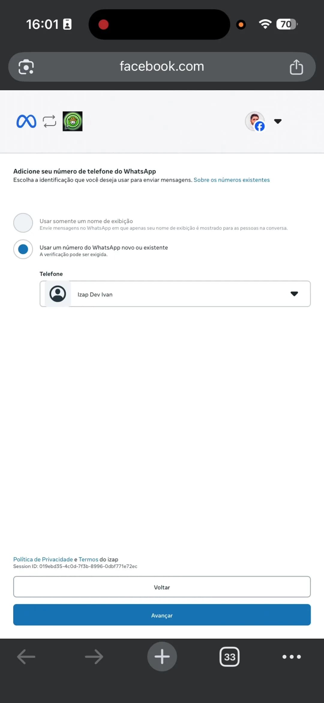 Página do Meta para selecionar número de WhatsApp Business
