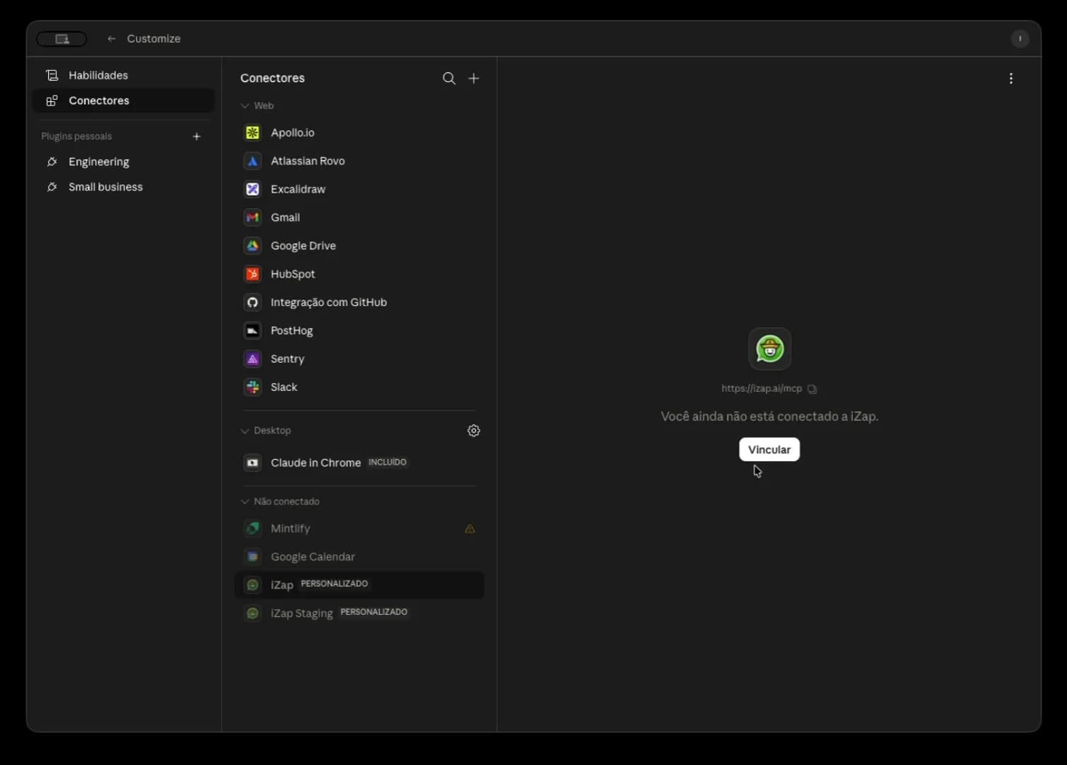 Modal de adicionar o conector iZap com a URL do MCP