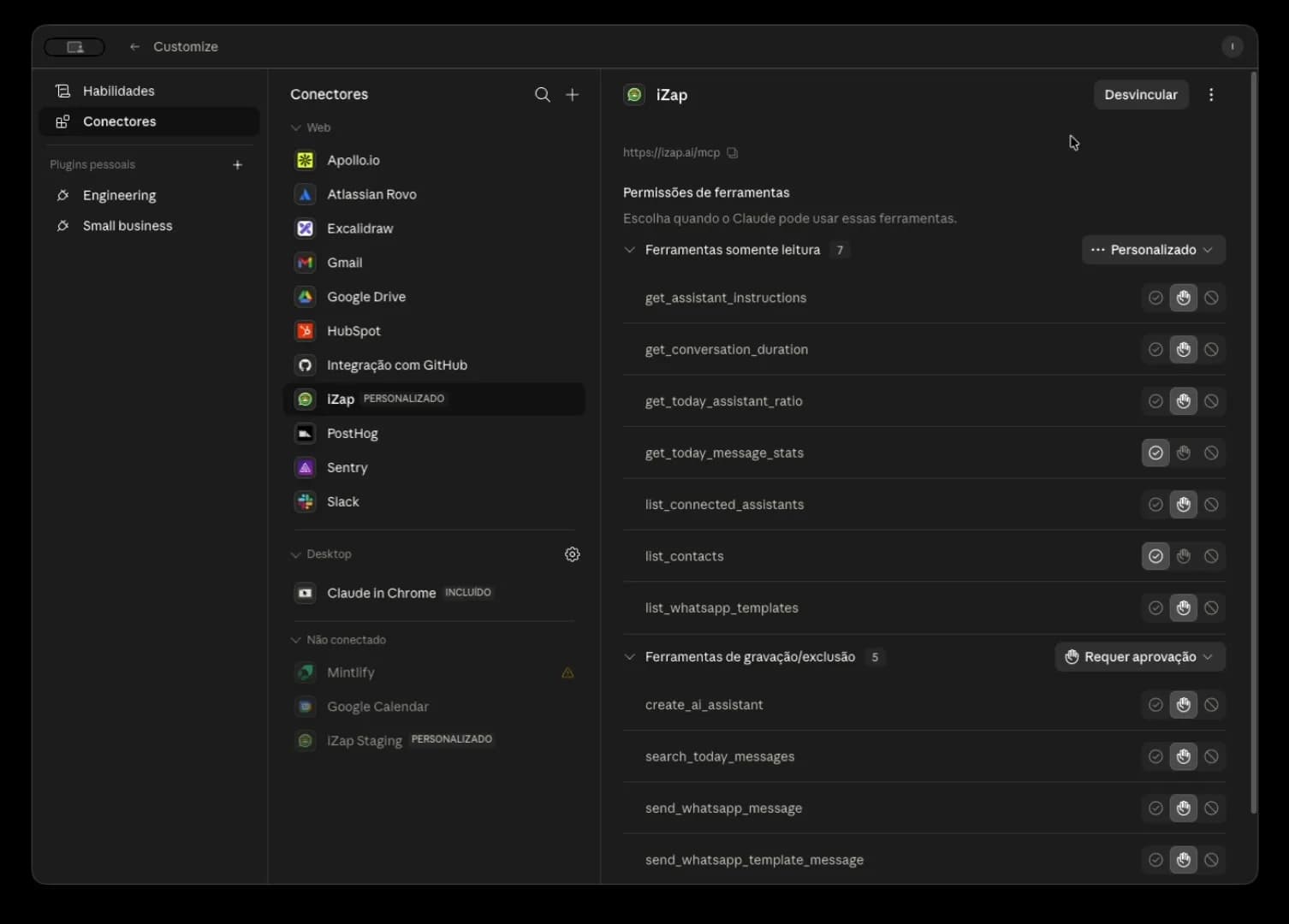 Lista de ferramentas do iZap disponíveis no Claude